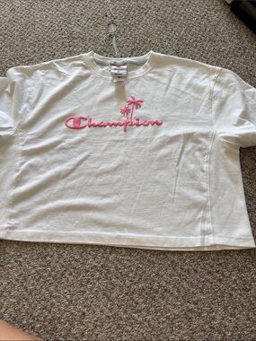 Champion White Short Sleeve Tee with Pink Script Logo